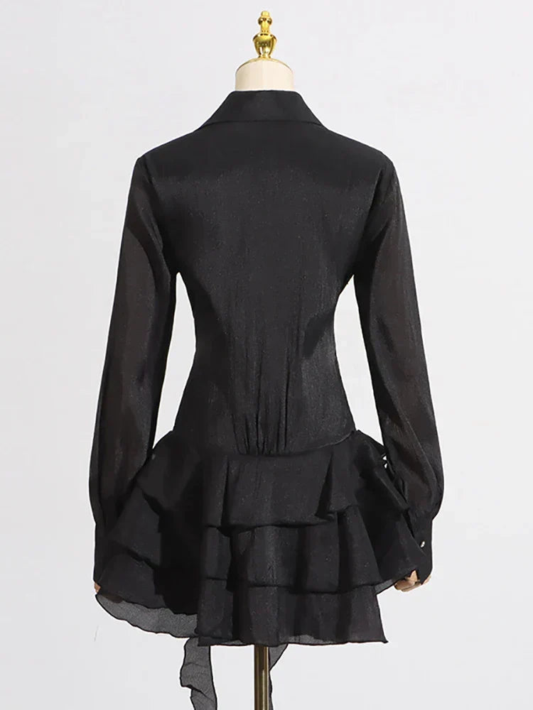 Sheer Long Sleeve Wrap Shirt Collar Rosette Tiered Ruffle Mini Dress - View 6