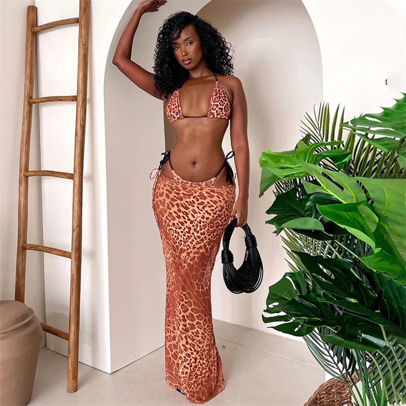Zebra Leopard Print Bra Long Skirt Three Piece Swim Sets - Fashionpara