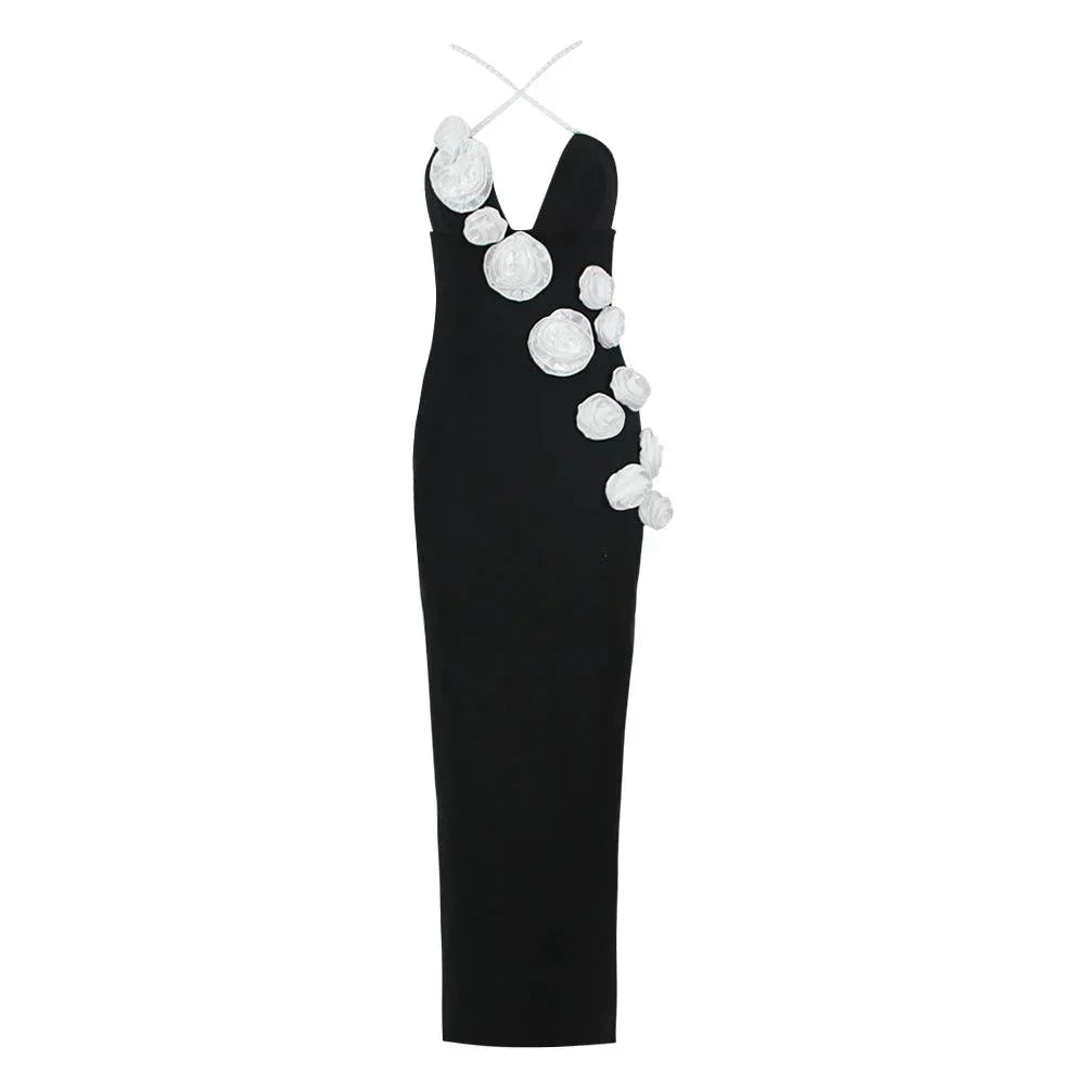 3D Floral Rosette Plunge Neck Bodycon Midi Dress 13