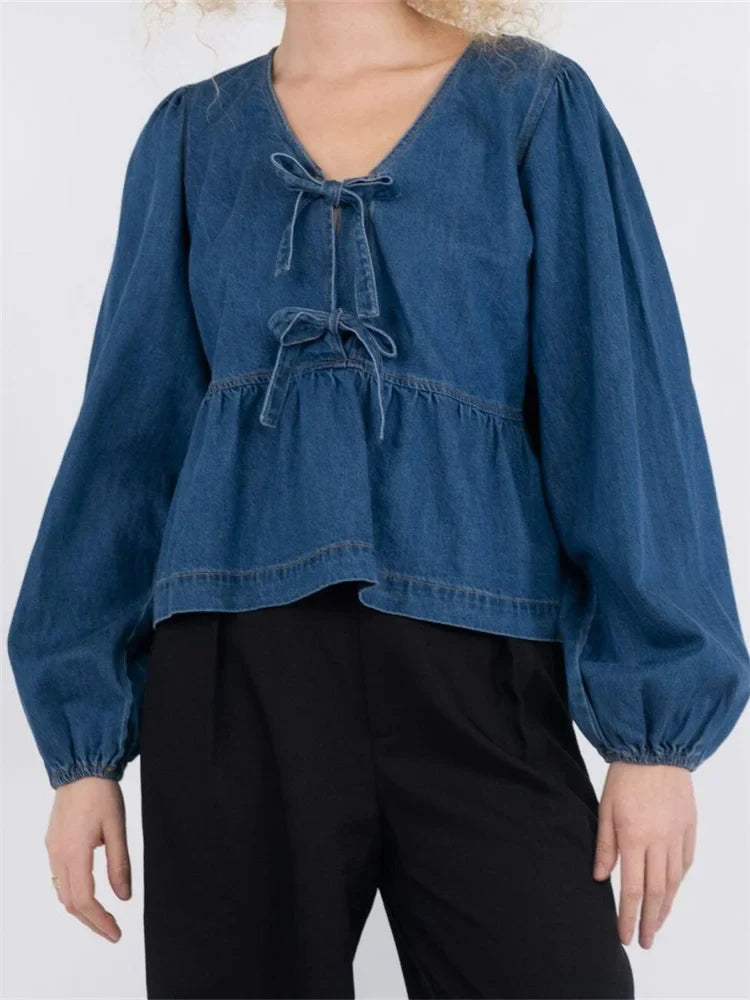 Lace-Up Denim V-neck Blouse - Fashionpara