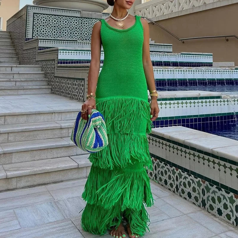 Elegant High Waist Knit Maxi Dress with Tassel Detail
