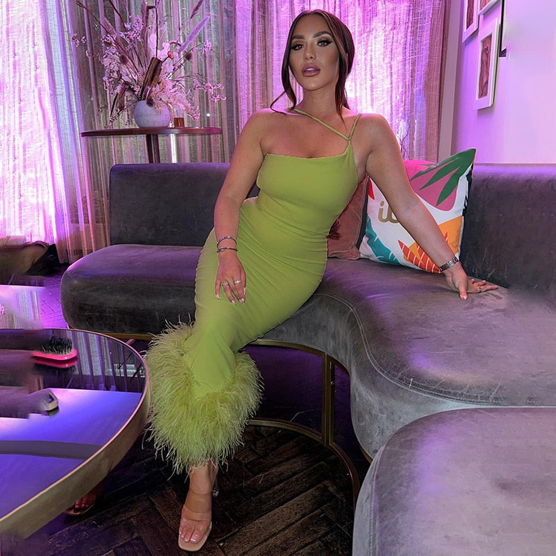 One-Shoulder Feather Trim Bodycon Midi Dress 3