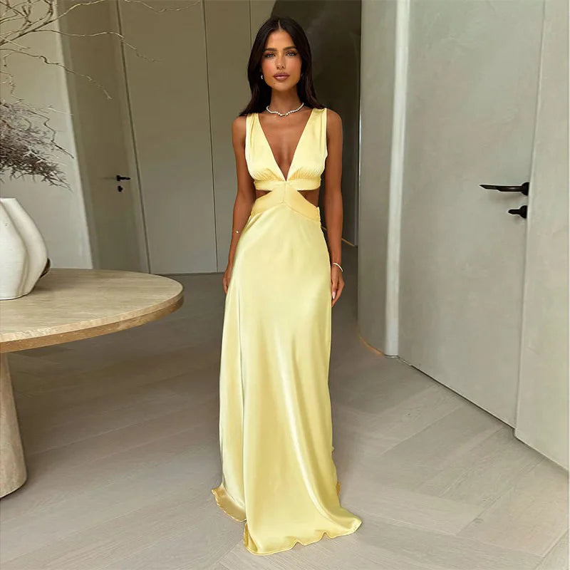 Satin Deep V-Neck Side Cut Out Waist Maxi Party Dress