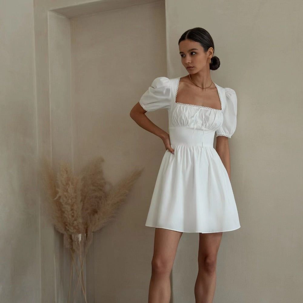 Cotton Square Neck Puff Sleeve Cutout Flared Mini Dress 3