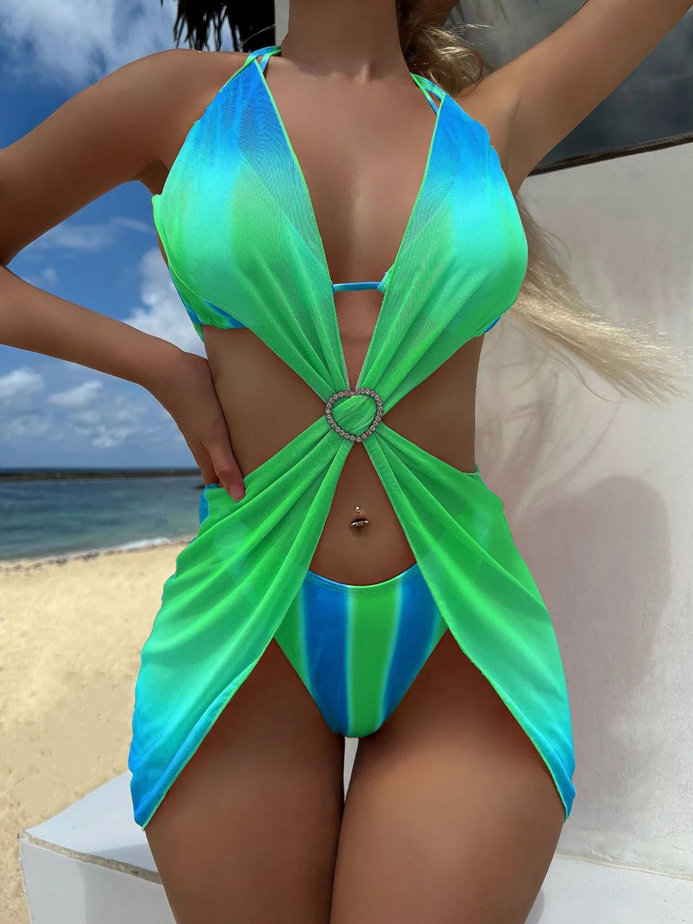 Gradient Mesh Skirt Summer Sexy Three Piece Swim Sets - Fashionpara