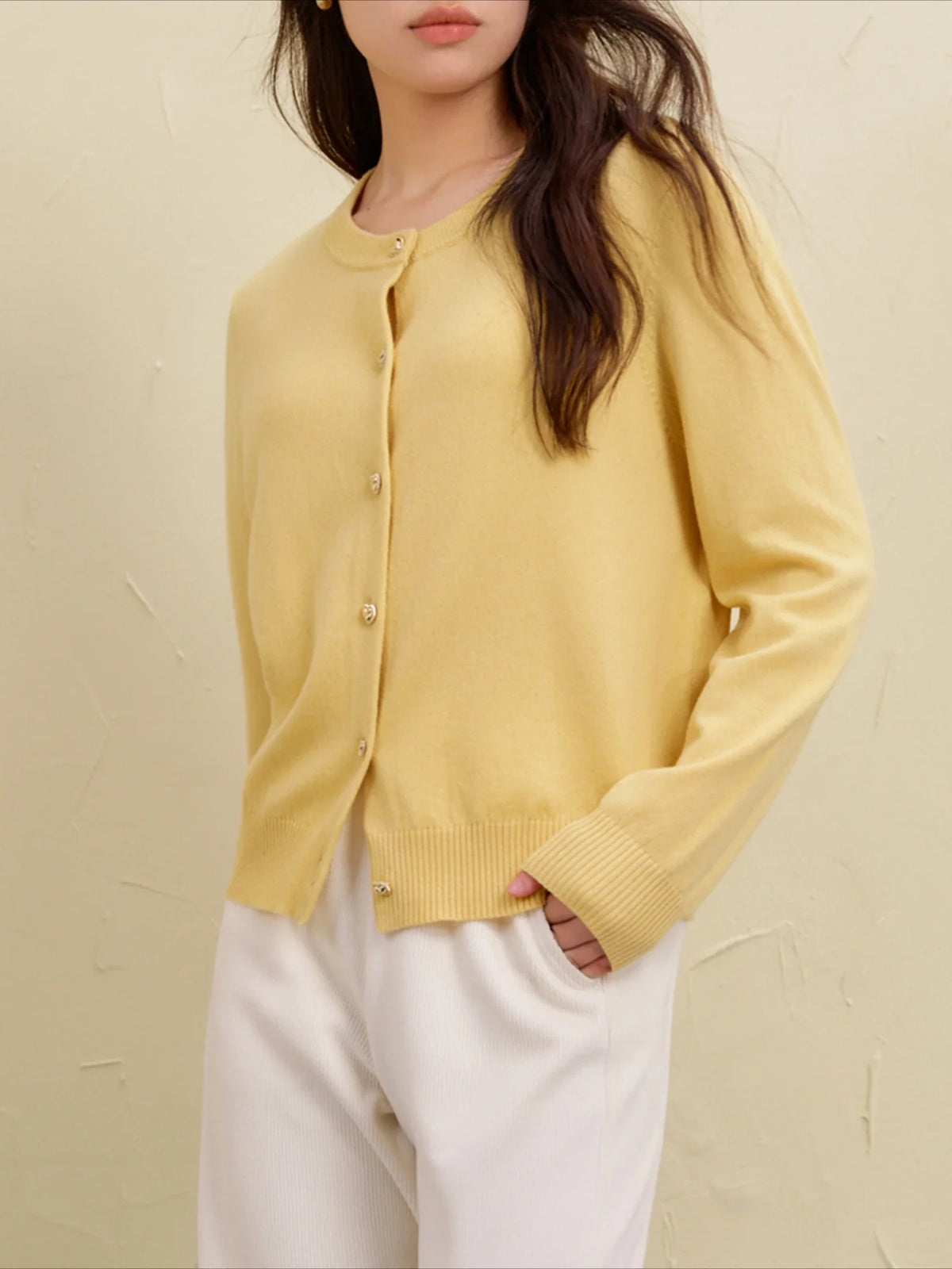 Wool Short Yellow Round Neck Cardigan