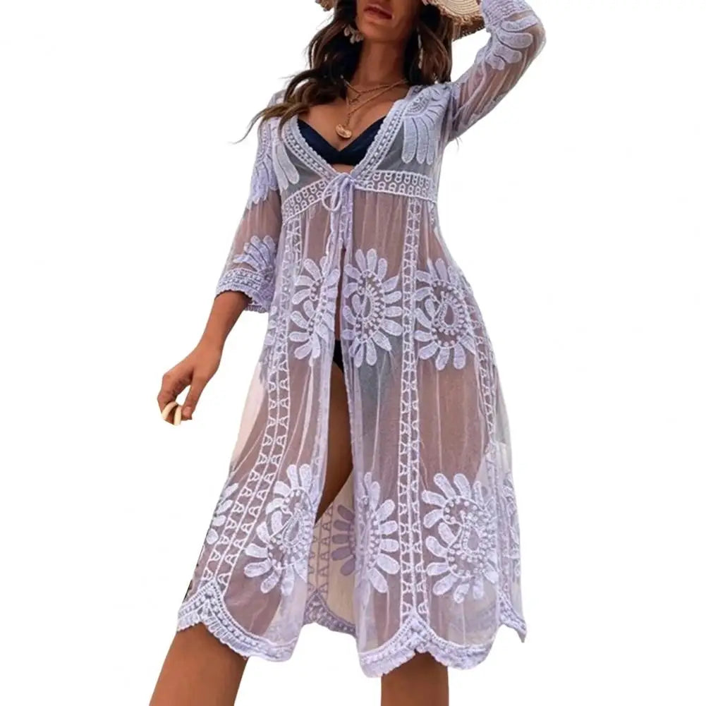 Sleeve Lace-up Embroidery Bikini Cover Up