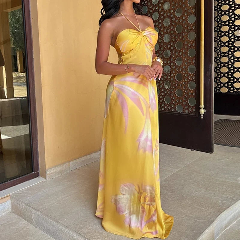 Halter Satin Hollow Slim Floral Dress