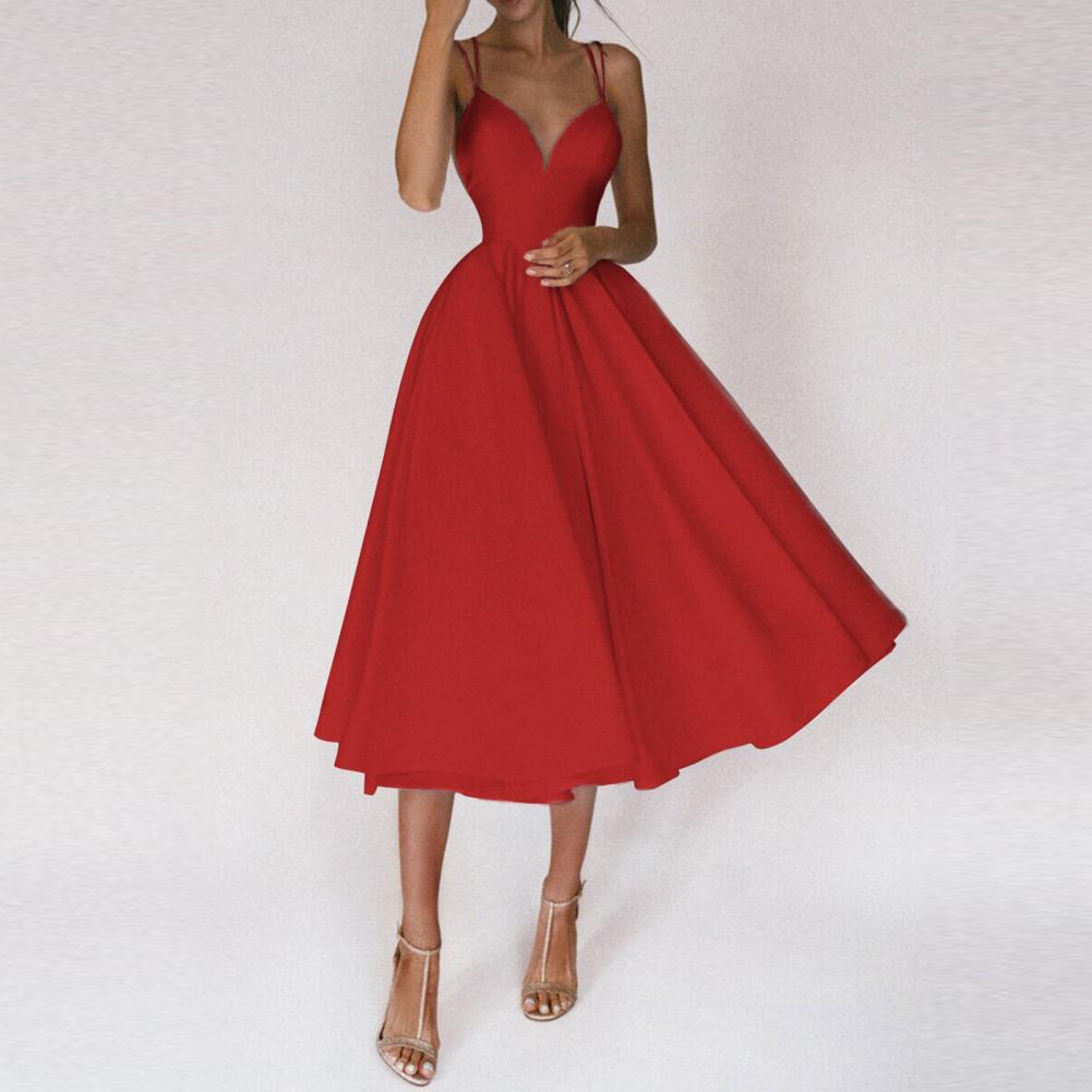 Cocktail Spaghetti Strap Cross Back Open Back A-Line Midi Dress - View 6