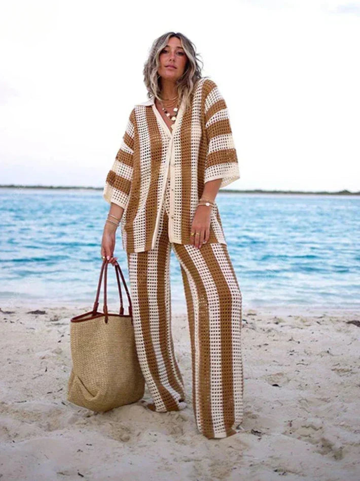 Striped Open Knit Collared Top and Wide Leg Pants Two Piece Set 3