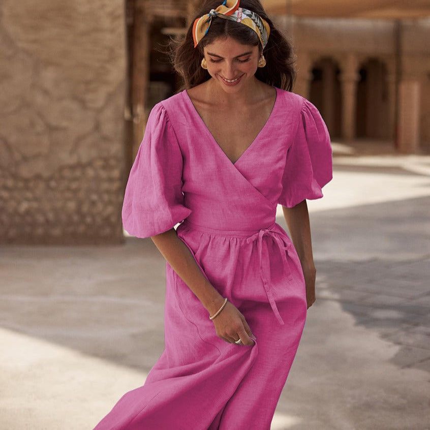 Linen Puff-Sleeve Deep-V Front-Slit Wrap Dress 4