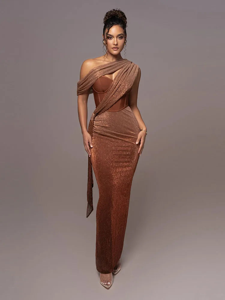 One Shoulder Draped Glitter Brown Maxi Dress - View 4