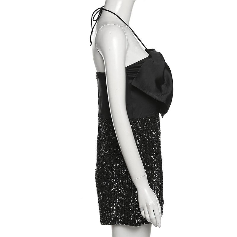 First Date Big Bow Sparkle Sequin Halter Jumpsuit