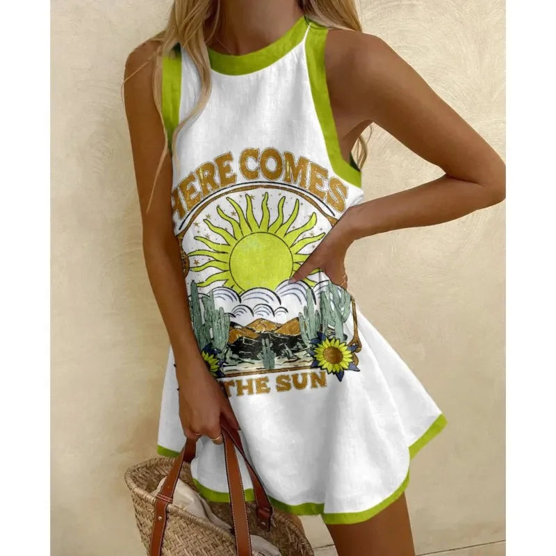 Sun Graphic Print Halter Neck Mini Dress