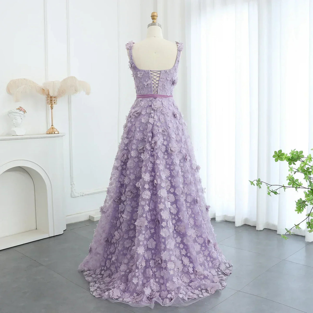 3D Floral Applique Square Neck High Split Tulle A-Line Gown - View 5