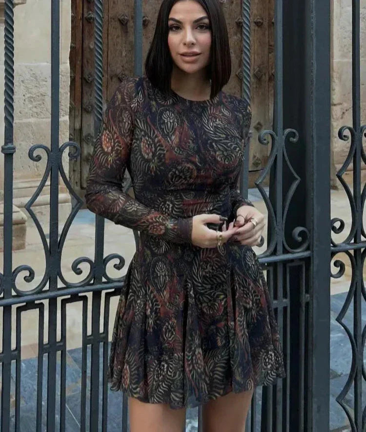 Pleated Long Sleeves Tulle Mini Dress - View 2