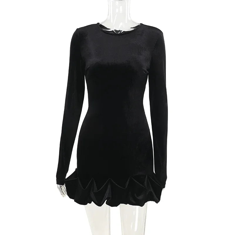Velvet 3D Pleated Hem Long Sleeve Dress - View 6