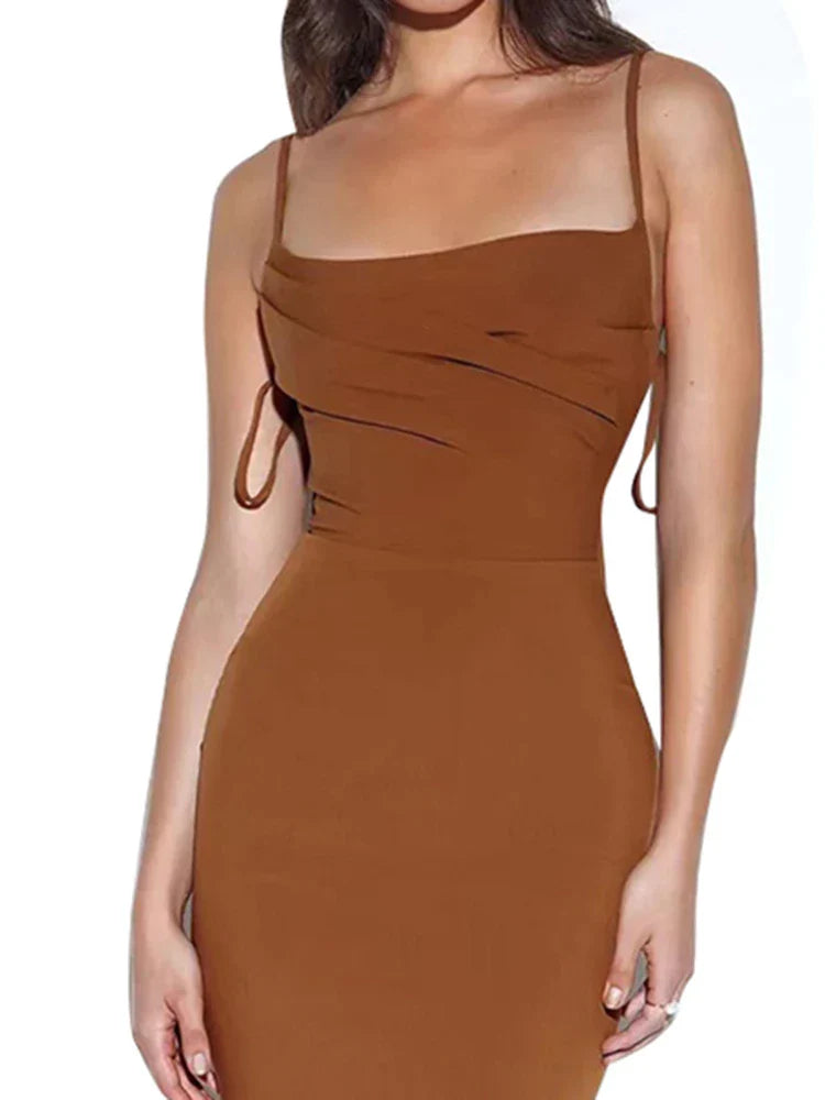 Square Neck Strappy Feather Trim Bodycon Midi Dress