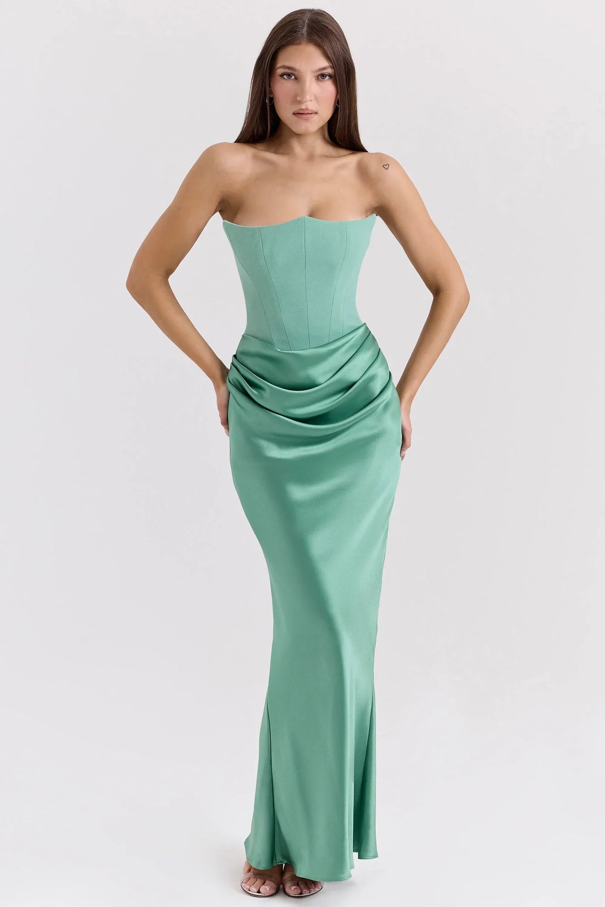 Strapless Pink Satin Corset Silk Dress - View 5
