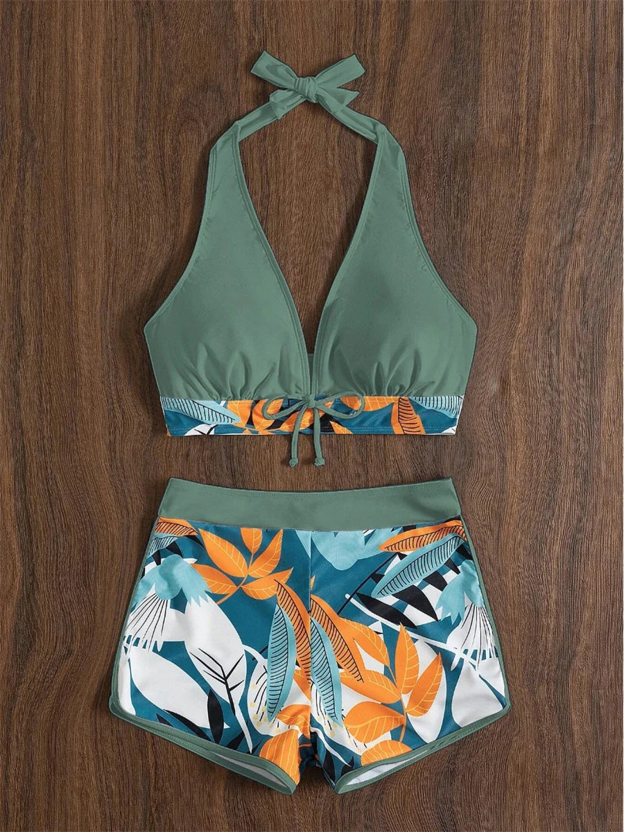 Leaf Print Knot Front Halter Two Piece Set