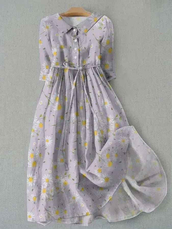 Daisy Print Collared Button Front Tie Waist Midi Dress