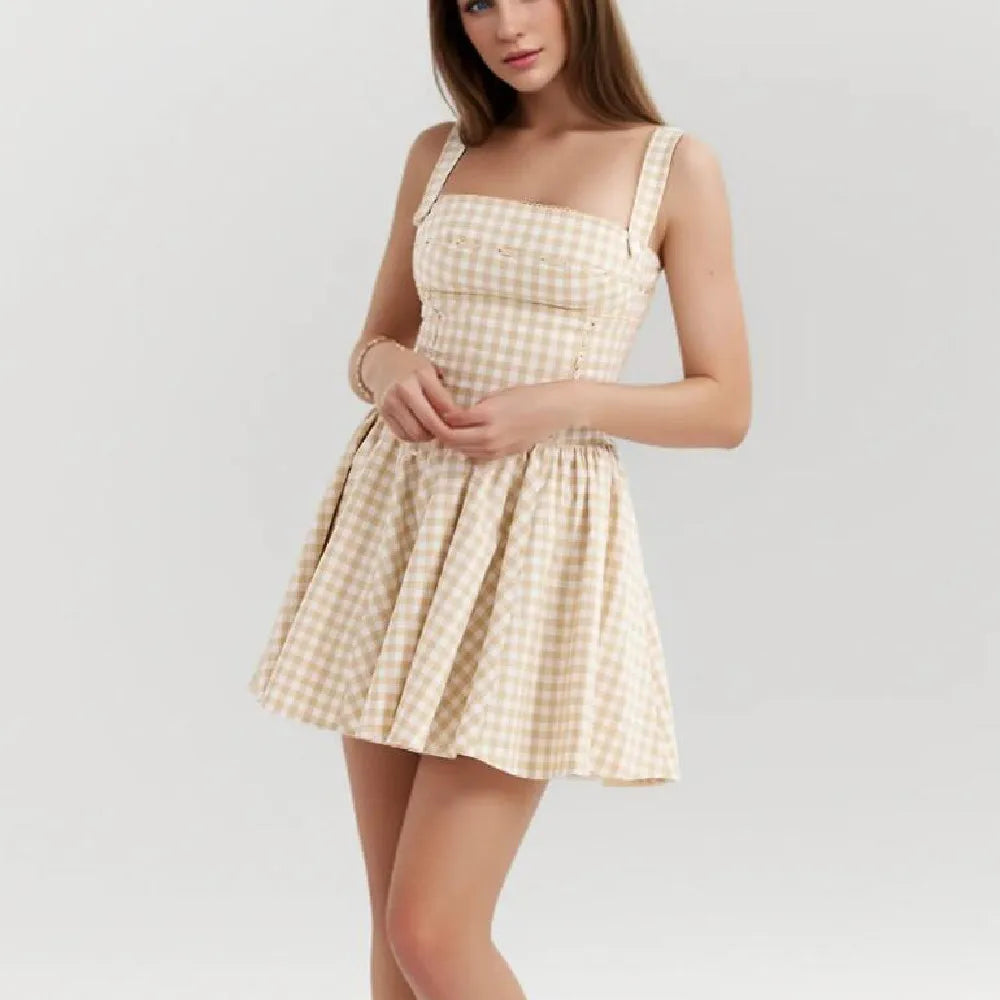 Gingham Print Square Neck Corset Paneled Pleated Mini Dress