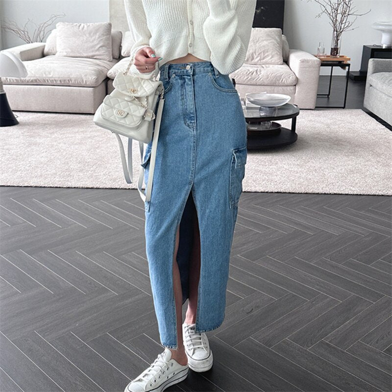 Cargo Jeans Skirt for Women High Waisted Side Pockets Split Fashion Midi Skirt Vintage Casual Streetwear Y2k Skirts - Fashionpara