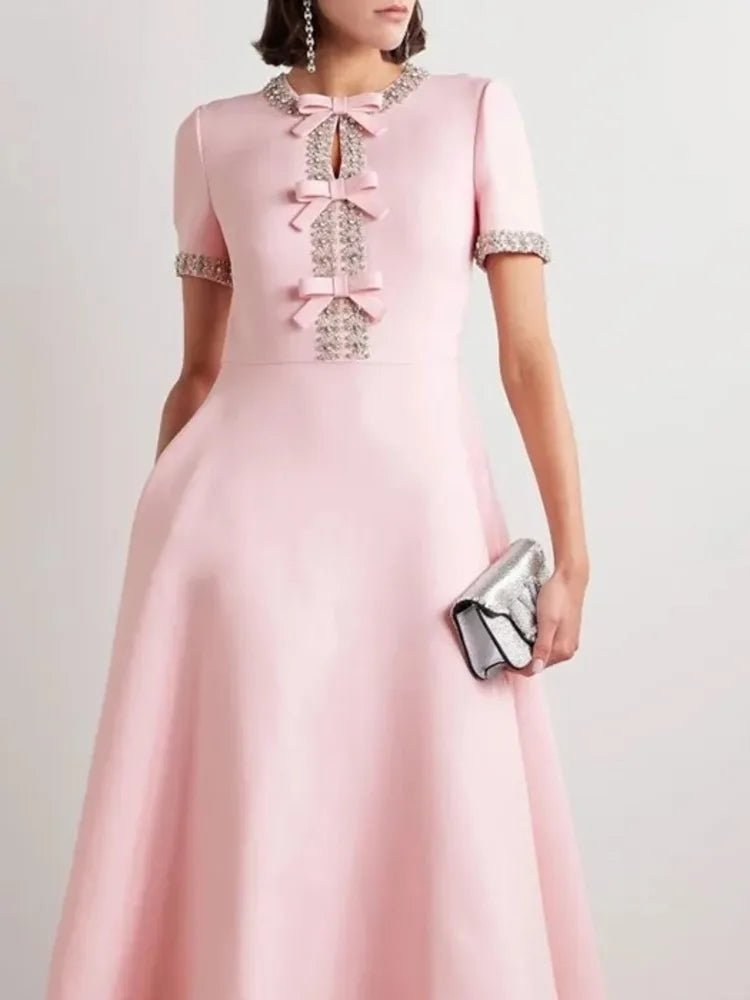 Rhinestone Trim Bow Detail Keyhole Neck Short Sleeve A-Line Midi Dress - View 3