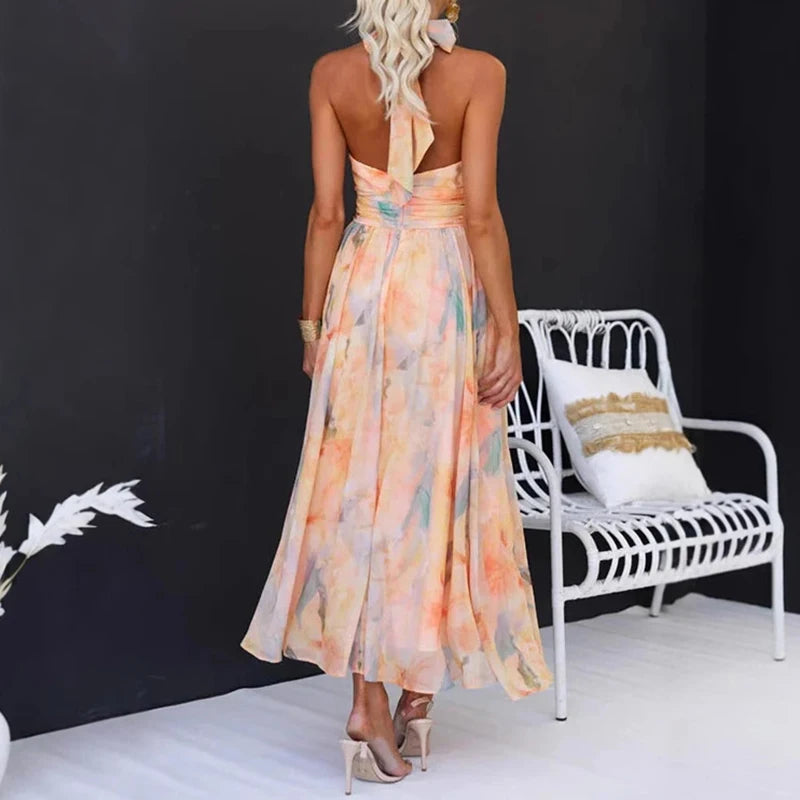 Elegant Halter Backless Maxi Dress for Beach Vacations
