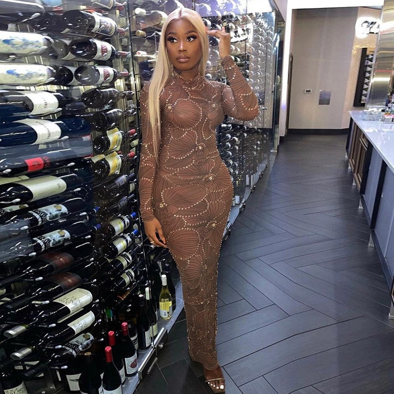 Embellished Mesh Long Sleeve Bodycon Maxi Dress 16
