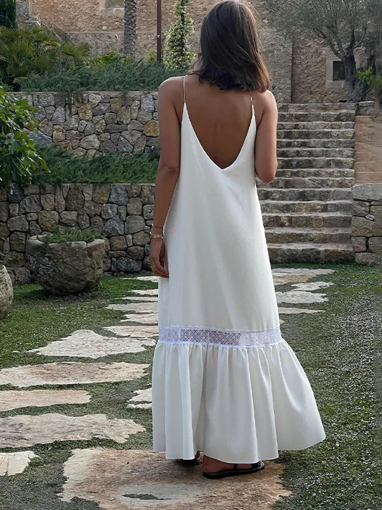 White Satin Mesh Backless Maxi Dress - View 5