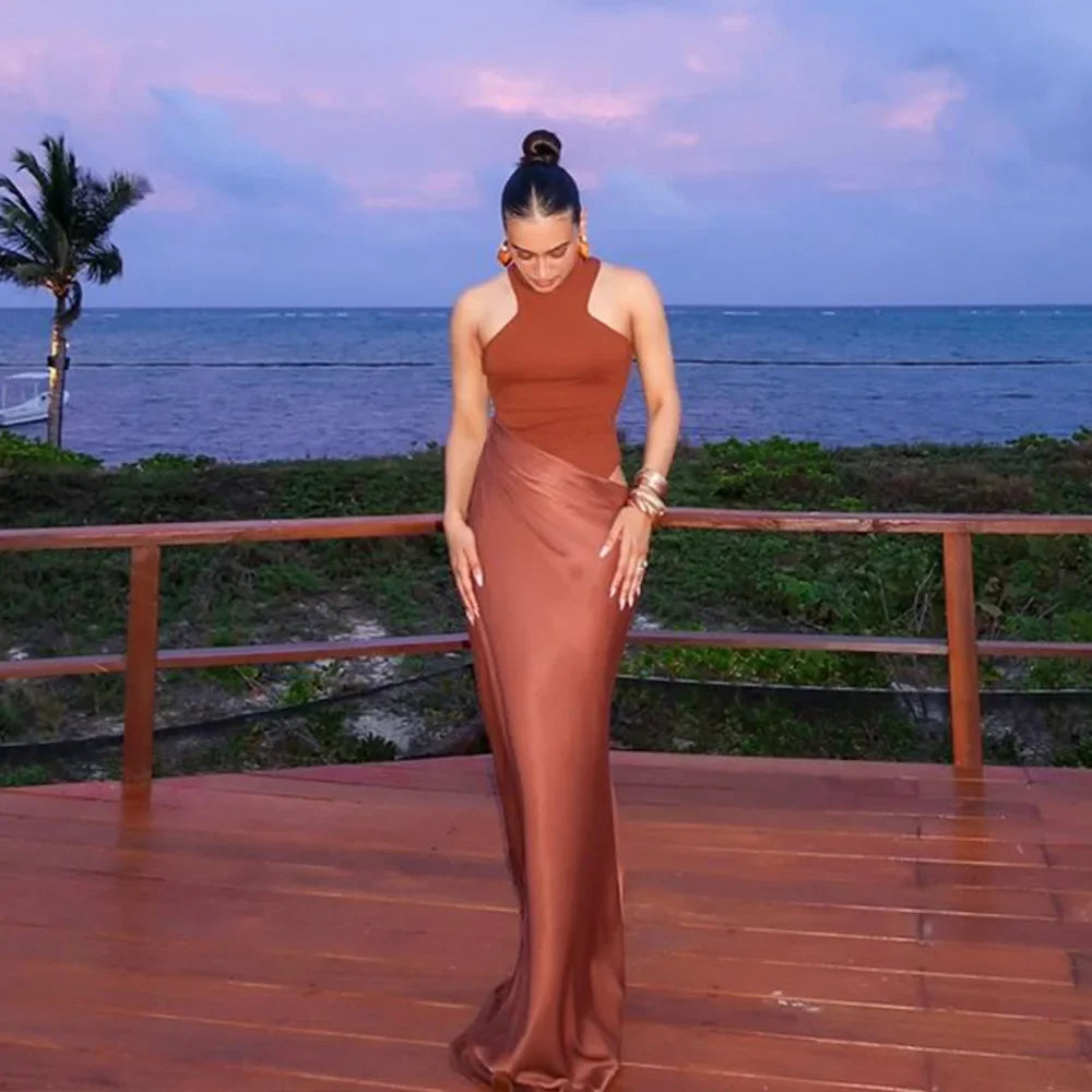 Halter Neck Sleeveless Ribbed Bodice Draped Waist Satin Maxi Gown