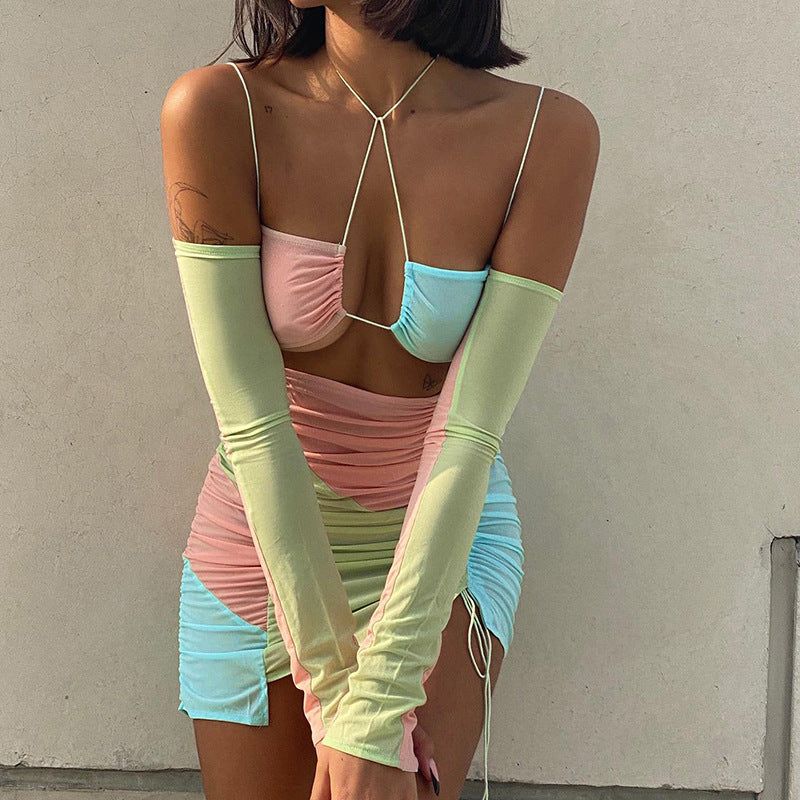 Mesh Halter Cutout Long Sleeve Ruched Bodycon Mini Dress 2