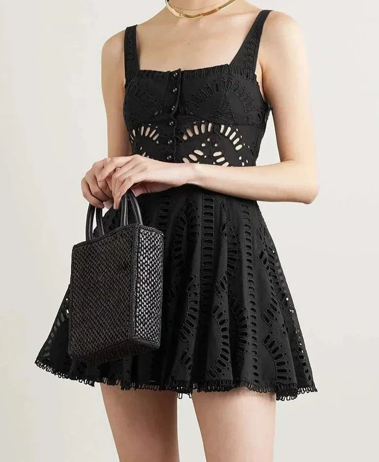 Eyelet Lace Square Neck Button Front Fit and Flare Mini Dress