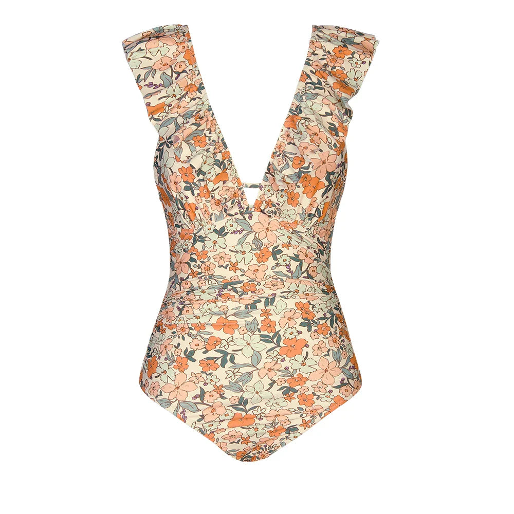 Ruffled Tie Back Floral One Piece Set