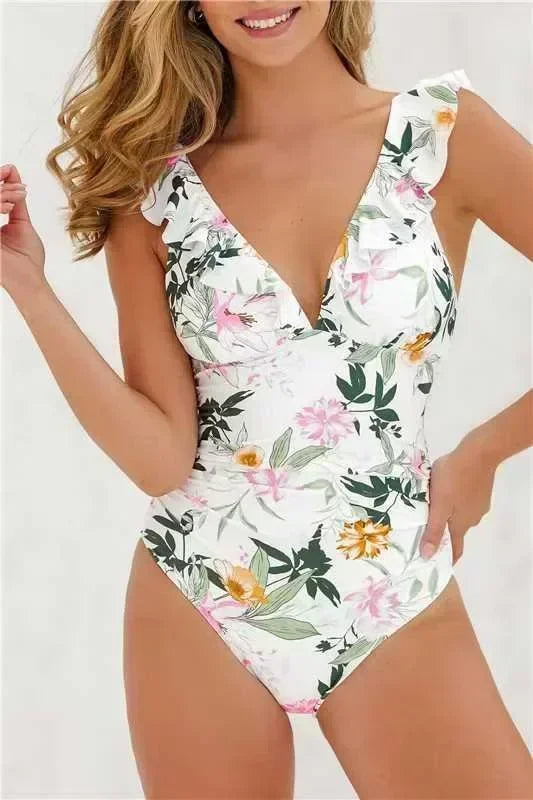 Ruffled V-neck Lace Up One Piece Set