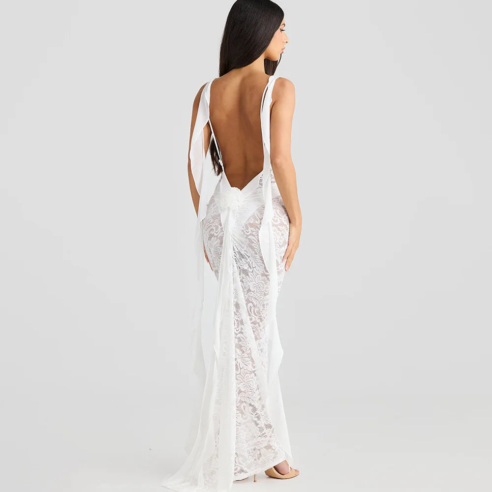 Lace Patchwork Backless Trailing Long Dress - View 4