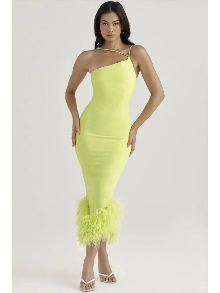 Elegant Spaghetti Strap Feather Midi Dress - View 3