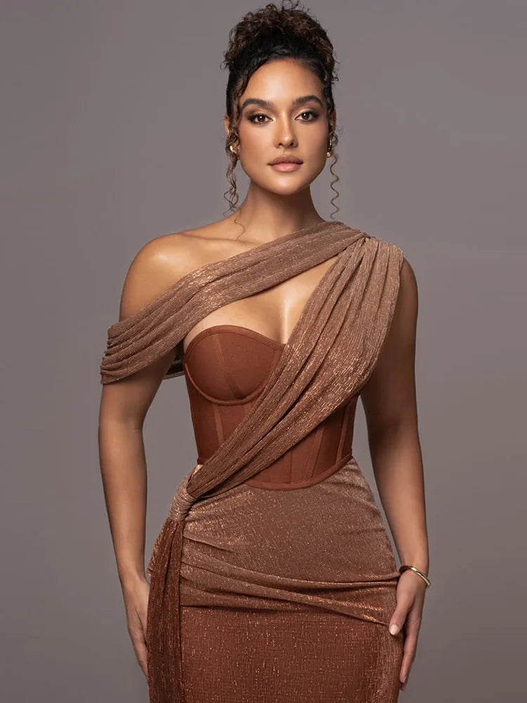 One Shoulder Draped Glitter Brown Maxi Dress - View 3
