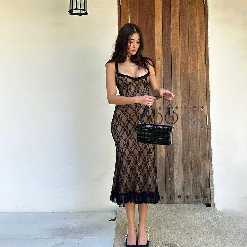 Mesh Lace Plunge Neck Midi Dress - View 5