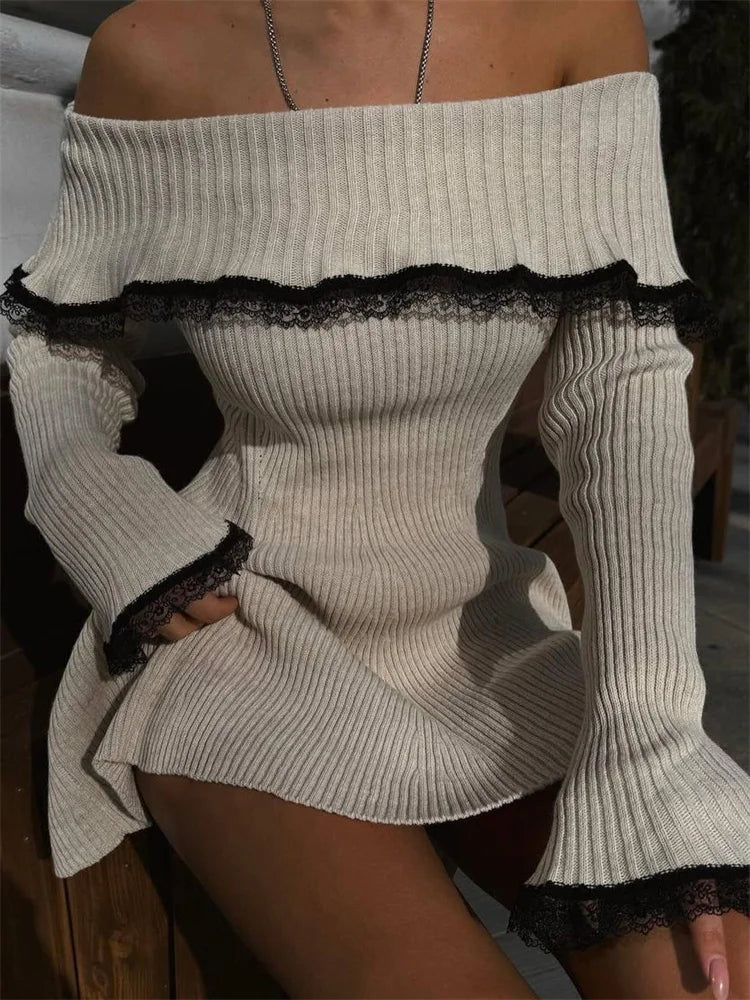 Off Shoulder Ribbed Knit Lace Backless Sweater Mini Dress - View 7