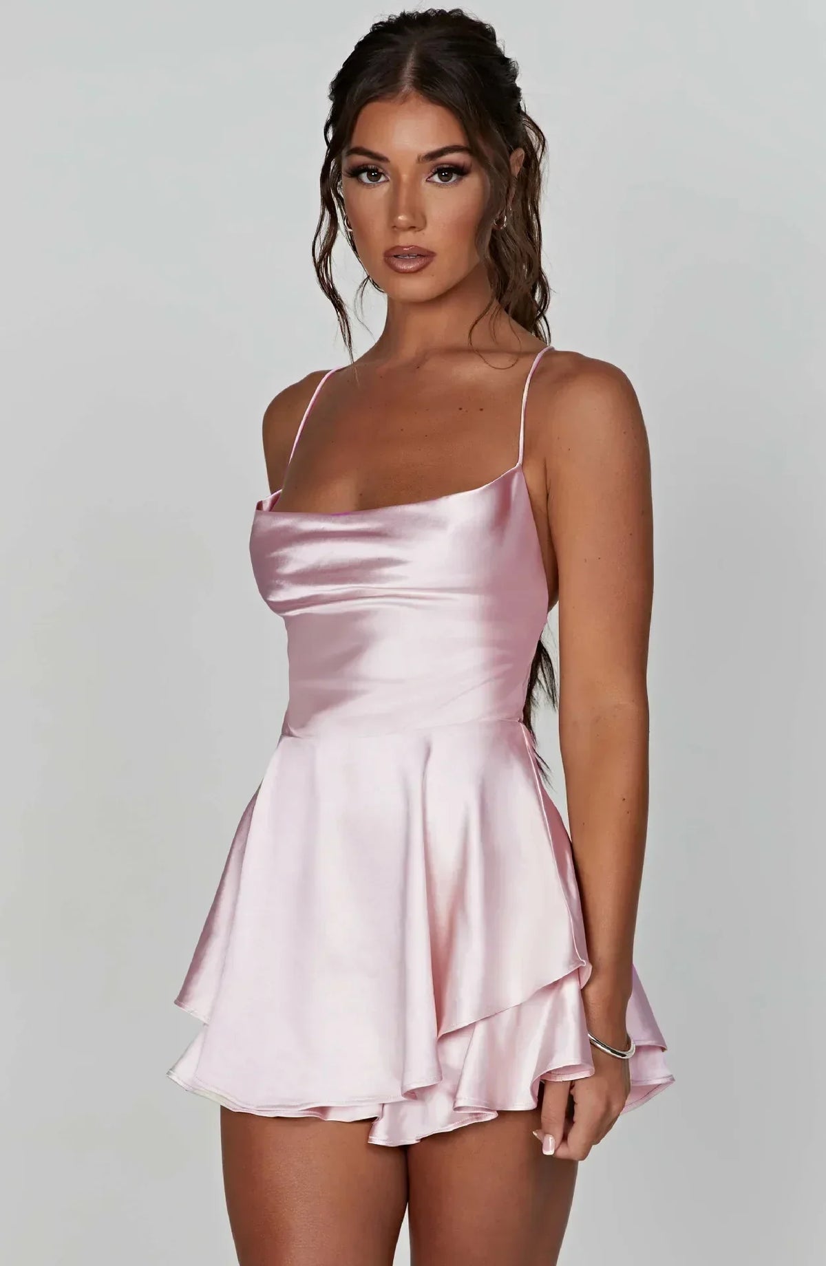 Satin Cowl Neck Spaghetti Strap Tiered Ruffle Flared Mini Dress - View 3