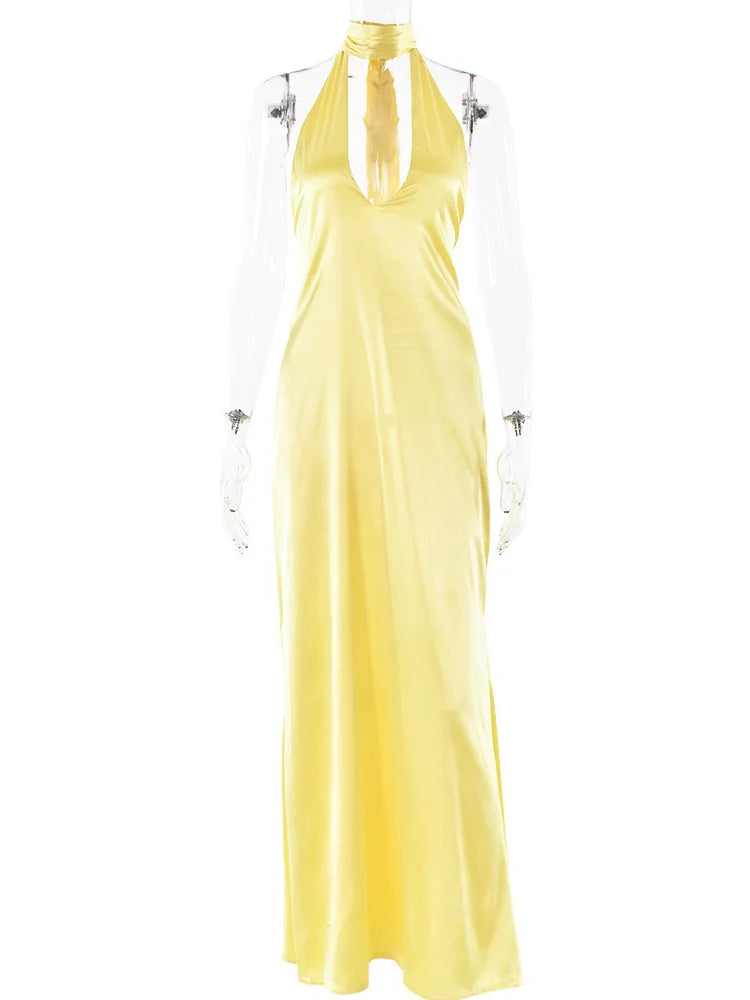Satin Halter Neck Choker Deep V-Neck Bodycon Maxi Gown - View 10