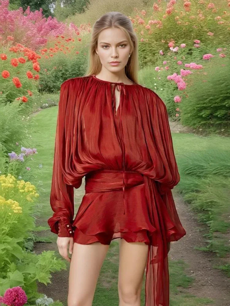 Shiny Pleated Full Sleeve Round Neck Lace Up Work Dress