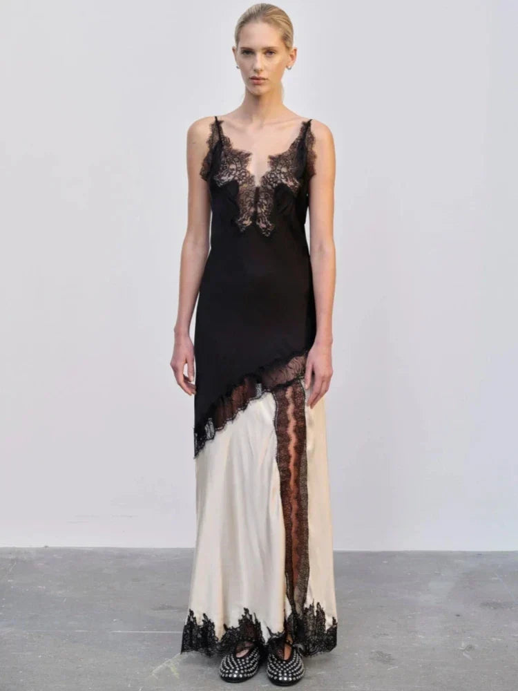 Sling V-Neck Colorblock Backless Long Lace Dress - View 2