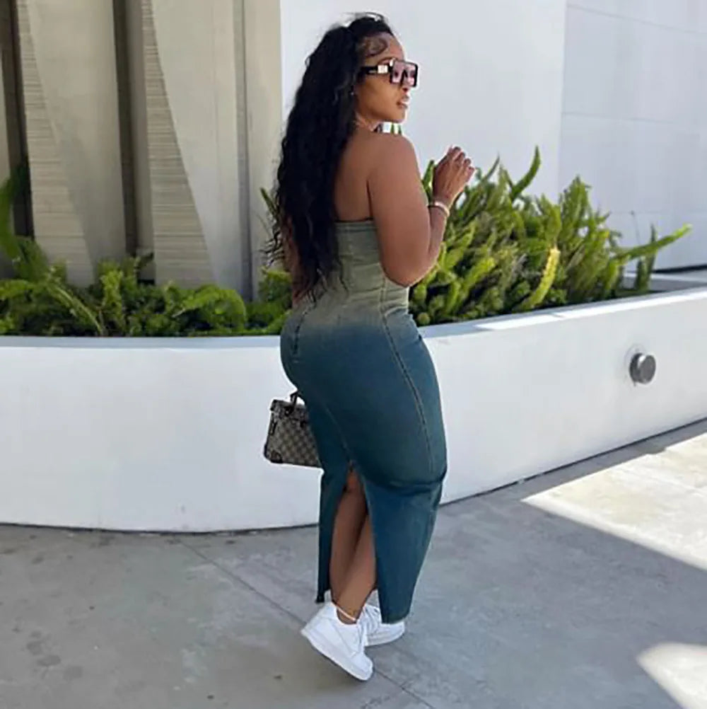 Gradient Denim Corset Slit Midi Dress - Fashionpara