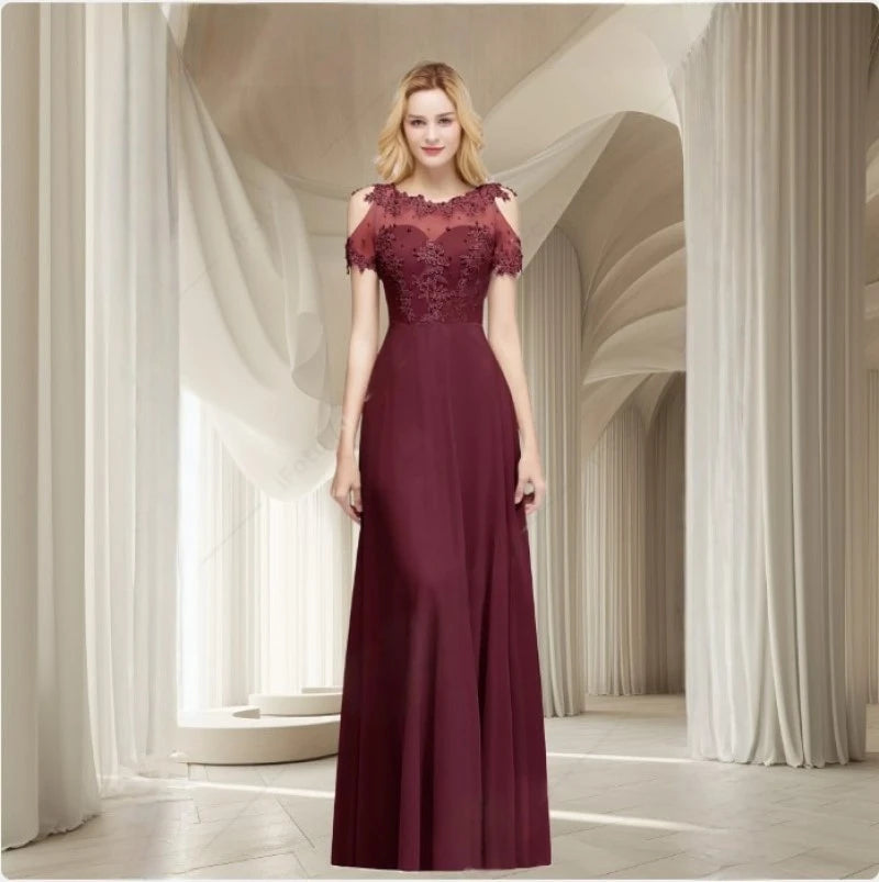 Burgundy A-Line Evening Dress with Illusion Lace Detail - Fashionpara