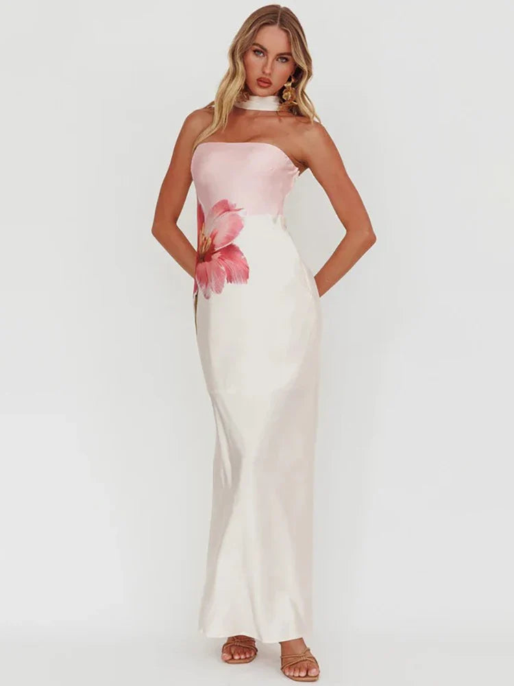 Halter Print Off-shoulder Strapless Sleeveless Vacation Dress