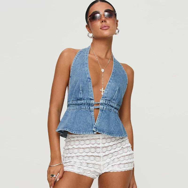 Denim Deep V-neck Backless Halter Lace-up Cami Top