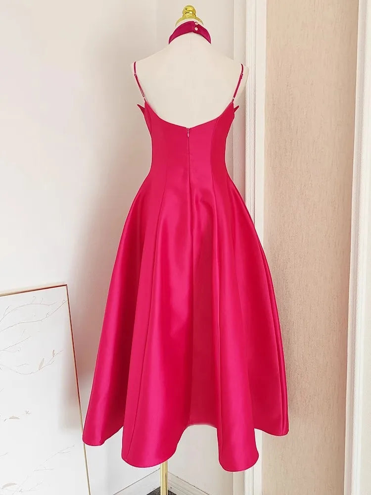 Satin Sweetheart Spaghetti Strap Fit and Flare Midi Dress - View 5